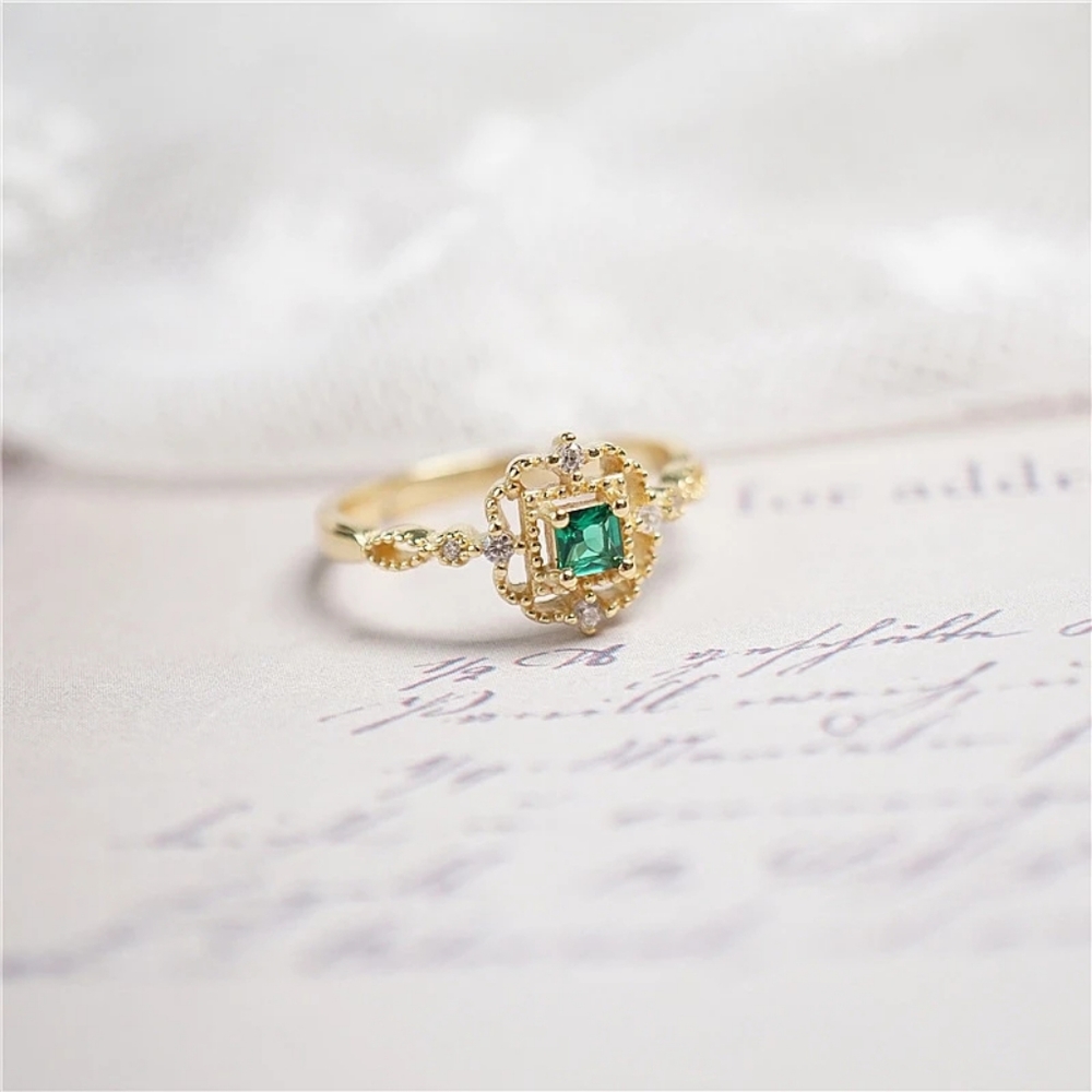 NEW Handmade Lace 14k Gold Filled Diamond Emerald Milgraine Adjustable Ring - Picture 5 of 16
